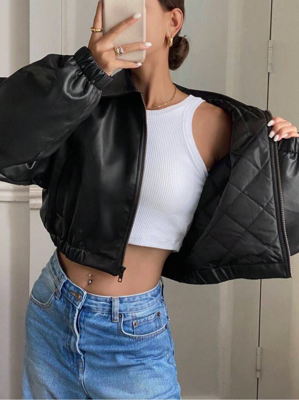 Cropped Black Faux Leather Jacket - Contemporary Women's Coat